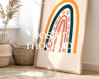 Neutral Nursery Wall Art Mockup | Boho Rainbow Frame Mockup | PSD Poster Mockup | Wooden Frame Kids Room | Editable Smart Object