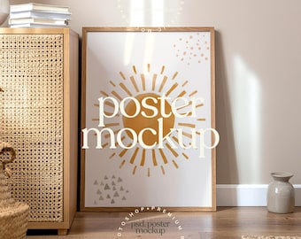 Neutral Nursery Frame Mockup PSD | Wooden Poster Frame Leaning on Floor | Kids Room Wall Art Mockup | Scandinavian Baby Room Poster Mockup