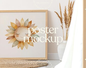Boho Nursery Poster Mockup PSD | Natural Wood Frame | Kids Room Wall Art Mockup