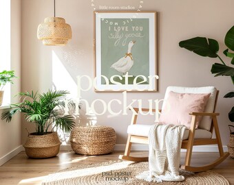 Boho Nursery Mockup | Nursery Wall Art Display | Neutral Frame Mockup | Baby Room Stock Photo | PSD Poster Mockup | Wooden Frame Scene