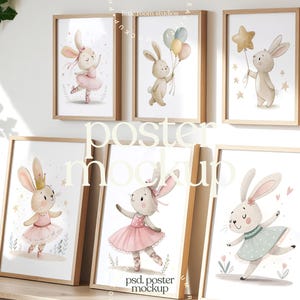 May include: Six framed wall art prints featuring watercolor illustrations of rabbits in various poses, including a rabbit in a pink tutu, a rabbit holding balloons, a rabbit with a star, and a rabbit wearing a crown, all in light wood frames.