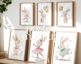 Kids Gallery Wall Mockup | 6 Oak Frame Nursery Shelf Mockup | Children's Room Wall Art Display | A4 Frame Mockup Bundle | PSD Smart Object
