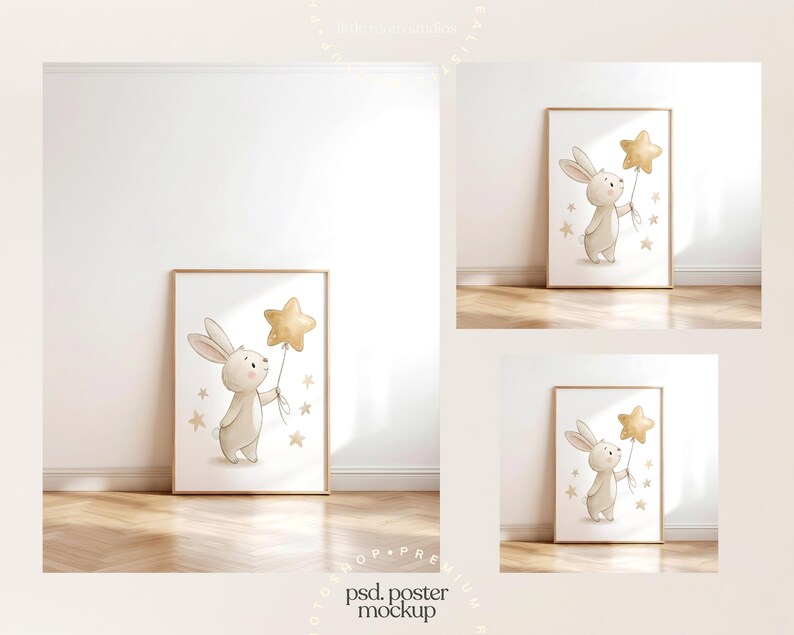 May include: A framed poster mockup featuring a watercolor illustration of a bunny holding a gold star balloon. The bunny is light brown with long ears. Gold stars are scattered around the bunny. The poster is displayed in a room with a wooden floor.
