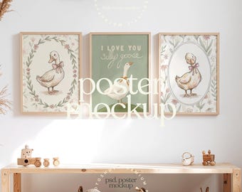 Neutral Nursery 3 Poster Frames Wall Mockup | Kids Room Art Mockup | Editable PSD with Smart Object | LittleRoomStudios