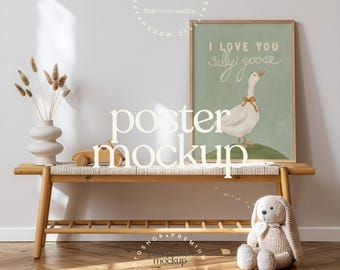Neutral Nursery Poster Mockup | Kids Room Frame Mockup | Wooden Bench Nursery Scene | Scandi Baby Room Wall Art Mockup | PSD Smart Object