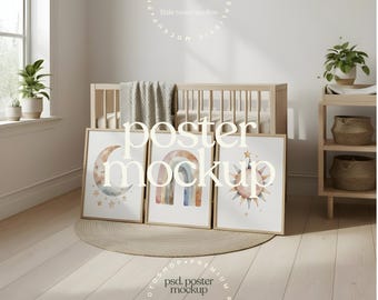 3 Neutral Nursery Frames | Kids Room Wall Art Mockup | Editable PSD with Smart Object | LittleRoomStudios