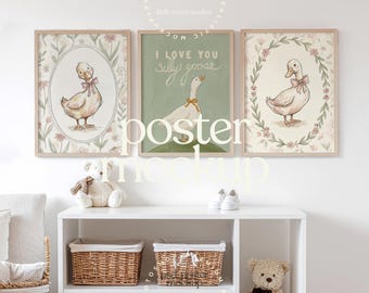 Neutral Nursery Set of 3 Hanging Frames Mockup | Kids Room Wall Art Mockup | Editable PSD with Smart Object | LittleRoomStudios
