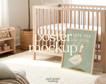 Nursery Crib Mockup PSD | Single Frame Leaning Poster | Scandinavian Baby Room Scene