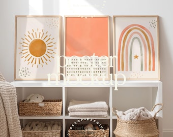 Neutral Nursery Wall Art Mockup | 3 Frame Set on Shelf | Boho Baby Room Mockup | Sun Rainbow Poster Mockup | Kids Room Wall Art Display | PS