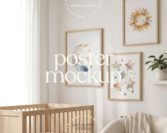 Set of 3 Nursery Portrait Frames Mockup | Kids Room Wall Art Mockup | Editable PSD with Smart Object | LittleRoomStudios