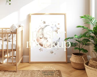 Neutral Nursery Poster Mockup | Frame Leaning on Floor | Wooden Crib Baby Room | Editable PSD Smart Object
