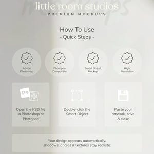 May include: A white graphic with the text "little room studios PREMIUM MOCKUPS" and "How To Use - Quick Steps". The graphic includes icons for Adobe Photoshop, Photopea, Smart Object Mockup, and High Resolution.