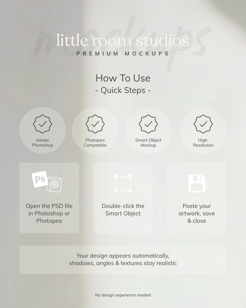 May include: A white graphic with the text "little room studios PREMIUM MOCKUPS" and "How To Use - Quick Steps". The graphic includes icons for Adobe Photoshop, Photopea, Smart Object Mockup, and High Resolution.