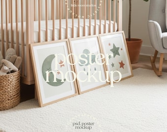 Neutral Nursery 3 Frame Floor Mockup | Kids Room Wall Art Mockup | Editable PSD with Smart Object | LittleRoomStudios