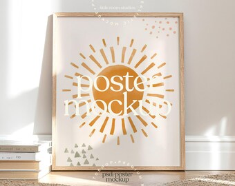 Neutral Nursery Frame Mockup | Sunlight Shadow Poster Mockup | Wooden Frame PSD | Baby Room Wall Art Mockup | Scandinavian Kids Room