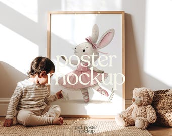 Nursery Mockup with Child | Poster Frame PSD Mockup | Kids Room Wall Art Mockup | Editable Smart Object | Neutral Nursery