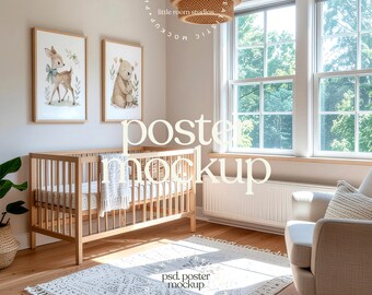 Neutral Nursery Set of 2 Frames Above Cot Mockup | Kids Room Wall Art Mockup | Editable PSD with Smart Object | LittleRoomStudios