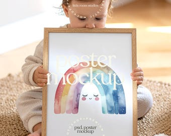 Nursery Frame Mockup with Child | PSD Poster Mockup | Kids Room Wall Art