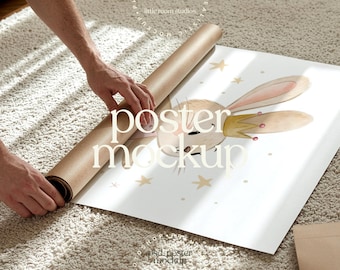 Poster Mockup Unrolling | Art Print Packaging Mockup | Neutral Poster Scene | Printable Wall Art Mockup | PSD Smart Object | Artist Mockup