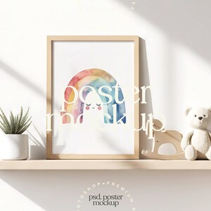 Scandinavian Nursery Wall Art Mockup | Neutral Kids Room Frame Mockup | Floating Shelf Poster Mockup | Editable PSD Smart Object