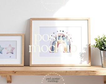 Nursery Frame Poster Mockup PSD | Kids Room Wall Art Mockup | Natural Wood Frame, Soft Light