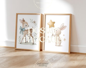 Neutral Nursery 2 Frame Floor Mockup PSD | Minimal Kids Room Poster Mockup | Editable Smart Object | Baby Room Wall Art Scene