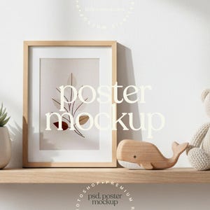 Neutral Nursery Frame On Modern Floating Shelf Mockup | Kids Room Wall Art Mockup | Editable PSD with Smart Object | LittleRoomStudios