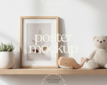 Neutral Nursery Frame On Modern Floating Shelf Mockup | Kids Room Wall Art Mockup | Editable PSD with Smart Object | LittleRoomStudios