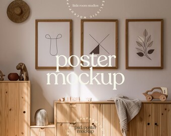 Neutral Montessori Nursery 3 Frame Mockup | Kids Room Wall Art Mockup | Editable PSD with Smart Object | LittleRoomStudios