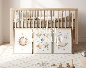 Neutral Nursery 3 Frame Floor Mockup | Baby Room Wall Art Mockup | Editable PSD with Smart Object | LittleRoomStudios