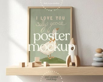 Neutral Nursery Poster Mockup | Wooden Frame on Shelf | Baby Room Wall Art Mockup | Editable PSD Smart Object | LittleRoomStudios