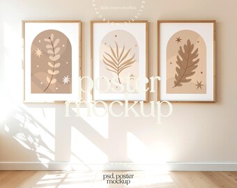 Sunlit Nursery Wall Mockup Bundle, 3 Natural Wood Frames Mockup, Bright Kids Room Interior, Scandinavian Nursery Mockup, Poster Display