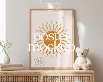 Most Popular Nursery Mockup | Sunburst Frame Mockup PSD | Neutral Baby Room Wall Art Mockup | Editable Poster Mockup | Kids Room Mockup
