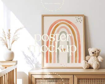 Neutral Nursery Poster Mockup PSD | Rainbow Kids Room Frame Mockup | Scandinavian Baby Room Wall Art Mockup | Wooden Frame Nursery Mockup