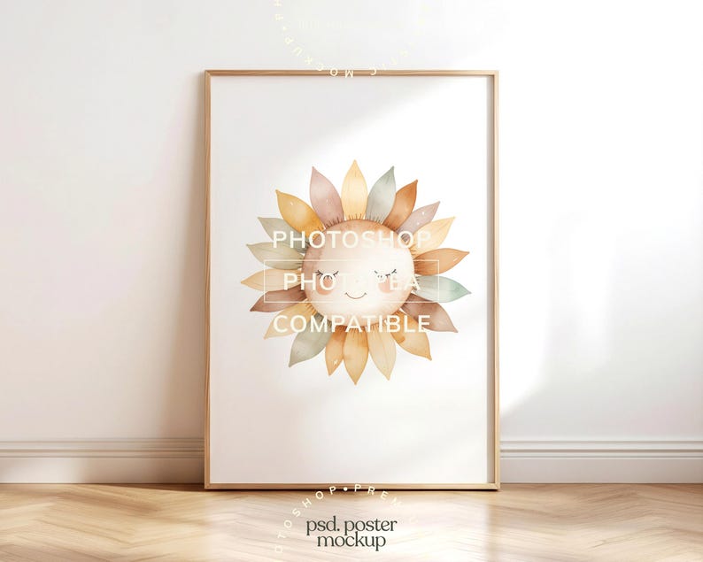 May include: A framed poster mockup featuring a watercolor illustration of a smiling sunflower with closed eyes. The sunflower has petals in shades of yellow, brown, and green. The text "PHOTOSHOP COMPATIBLE" is visible on the poster.
