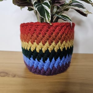 Peut inclure: Un cache-pot de plante coloré, crocheté à la main. Le cache-pot présente un motif arc-en-ciel avec des rayures rouges, orange, jaunes, vertes, bleues et violettes. Le pot contient une plante verte et blanche. Le pot est sur une surface en bois.