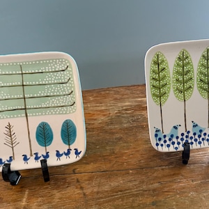Pair of Signed James Guggina Studio Pottery Plates - Hand Carved Sgraffito Trees & Botanicals - Wood Fired Salt Glaze Stoneware