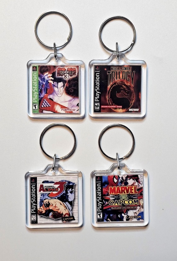 PS1 Fighting Game Keychain – Tekken, Mortal Kombat, Street Fighter, Marvel vs Capcom | Retro PlayStation Keychain | Choose Your Game