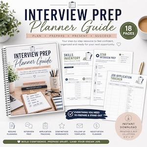 May include: An 18-page Interview Prep Planner Guide in PDF format, 8.5 x 11 inches. The spiral-bound planner features sections for skills inventory, STAR interview prep, and a job application tracker, designed to help organize and prepare for job interviews.