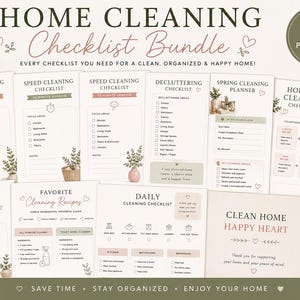 May include: A home cleaning checklist bundle featuring 15 printable pages in US Letter 8.5 x 11 inch format. The collection includes various checklists for speed cleaning, decluttering, spring cleaning, holidays, move-in, and daily tasks.