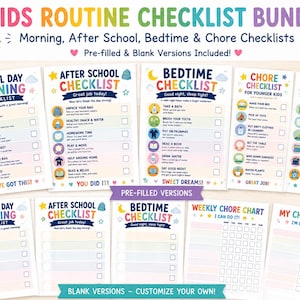 UPDATED - Kids Routine Checklist Bundle | Morning, Bedtime, Chore Charts - Blank and Pre-Filled (Digital Download)