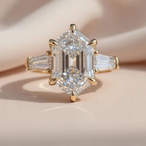 Hexagon Cut Moissanite Ring Vintage Art Deco Engagement Ring with Baguette Side Stone Hexagon  Dutch Marquise Gold Handcrafted proposal Ring