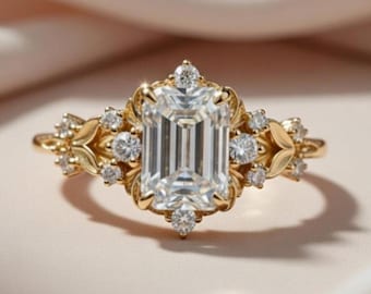 Moissanite Verlobungsring mit Smaragdschliff | Vintage Floral Gold Ring | Art Deco Inspirierter Luxus Brautring | Jahrestag Geschenk handgefertigte Ring