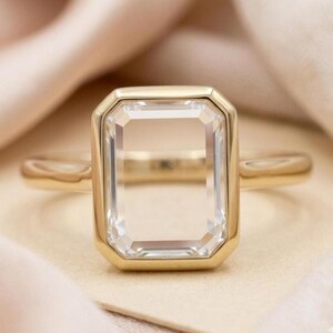 14k Gold Portrait Cut Moissanite Diamond Ring, Flat Rectangle Emerald Cut Ring, Minimalist Bezel Engagement Ring Modern Promise Ring For Her