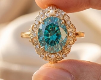 Anillo de compromiso vintage de moissanita azul verdosa ovalada de 2 quilates, anillo de oro con filigrana art déco, anillo nupcial con halo de bruja, regalo de aniversario único