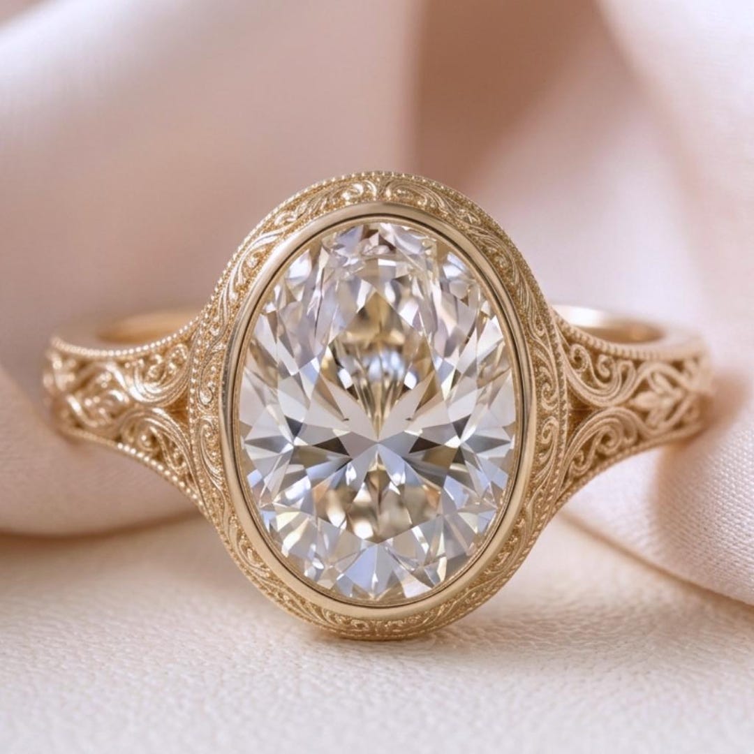 Oval Moissanite Bezel Engagement Ring Vintage Filigree Gold Ring, Art ...