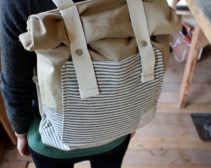 Organic Canvas Backpack Roll Top Stripes Pockets All Organic Rucksack