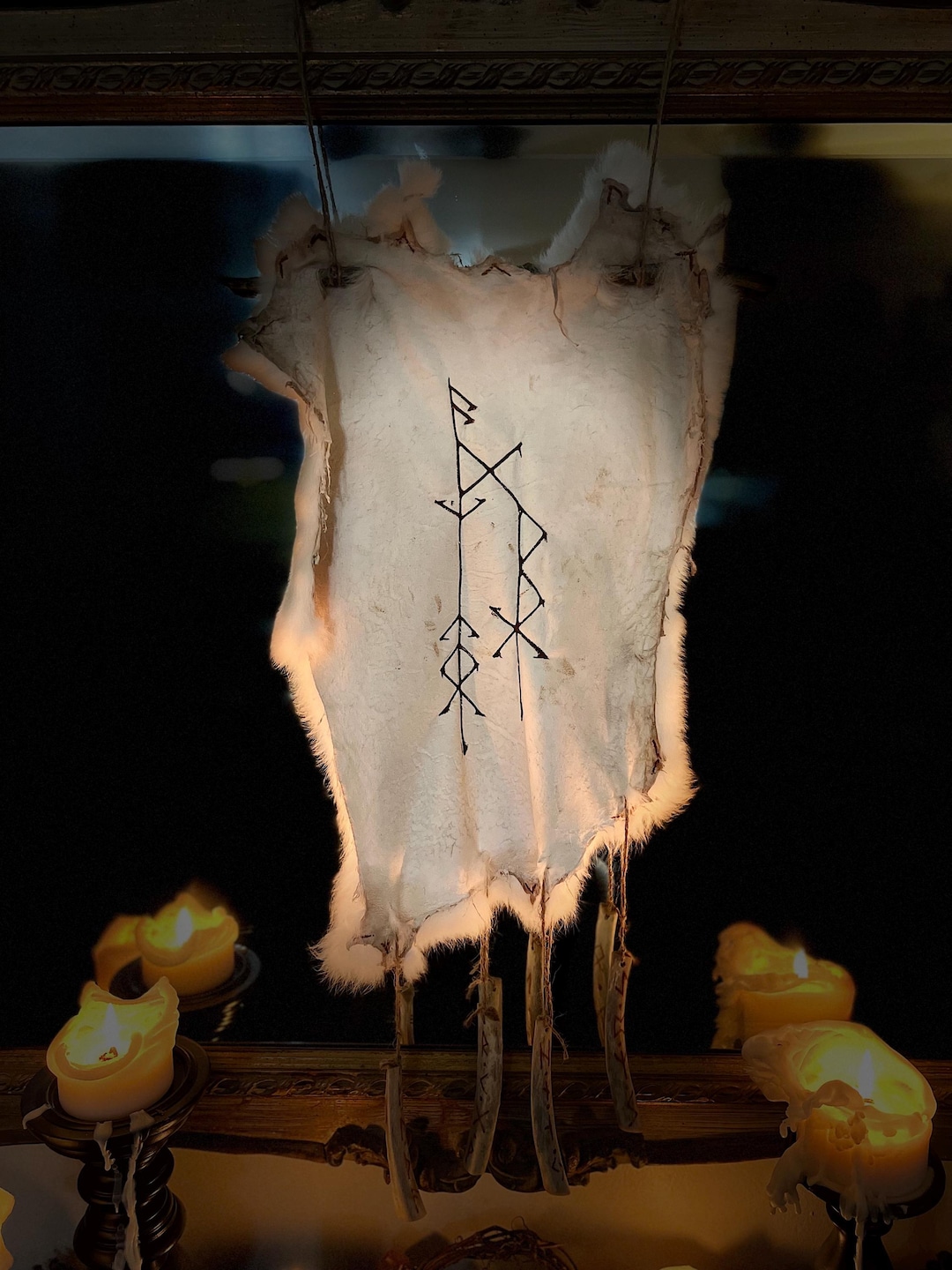 Custom Bindrune Wall Hanging – Burned Rabbit Hide, Ritual Altar Decor ...