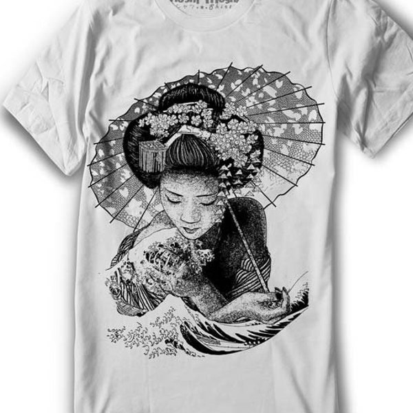 Geisha shirt Japan Great Wave shirt Hokusai Japanese shirt Maiko -  Hand Screenprinted