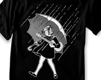 Girl Playing Ukulele shirt Guitar music T-shirt rainy Men sizes - Hand Screenprinted